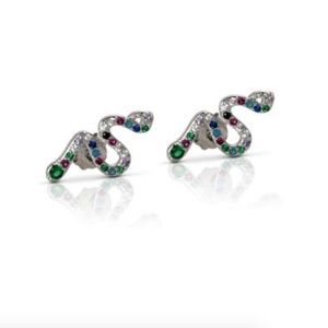 Silver snake stud earrings with colored crystals